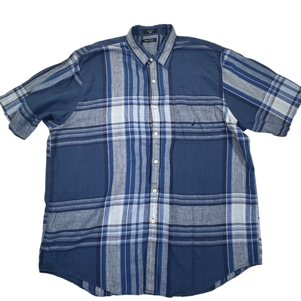 Nautica Mens XXL Blue Plaid 100% Linen Short Sleeve Button Down Shirt VDR 412